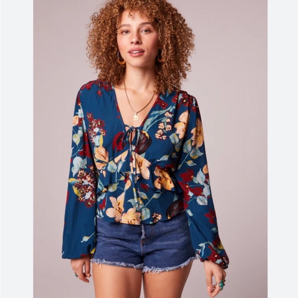 3/$25 BOG collective Fano Teal Blue Floral Puff Sleeve Boho Blouse M